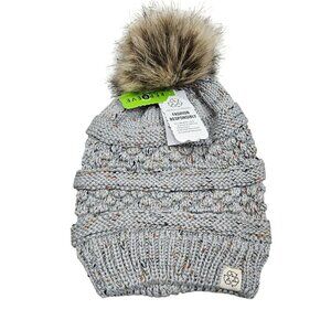 Unbranded NWT Winter Knitted Beanie Faux Fur Pom Gray Warm‎ Stretchy Adult